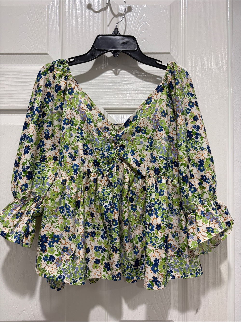 Floral Peasant Blouse in Green & Blue